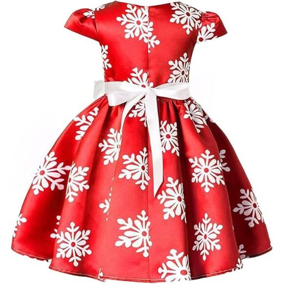 Toddler Baby Girls Christmas Snowflake Print Party Dresses with Bowknot Belt - Picture 4 of 6
